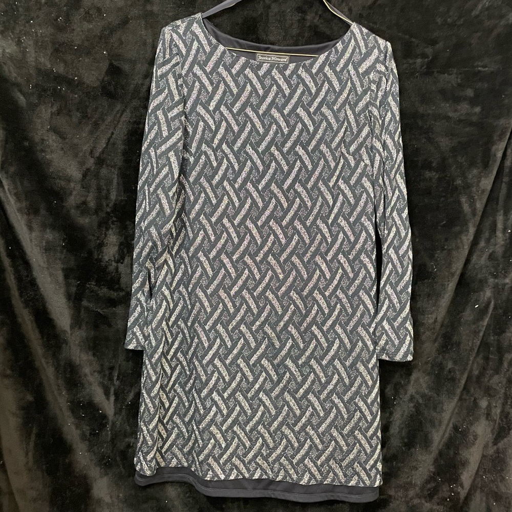 Jessica Howard - Navy Blue and Silver; Long Sleeve Cocktail/Evening Dress